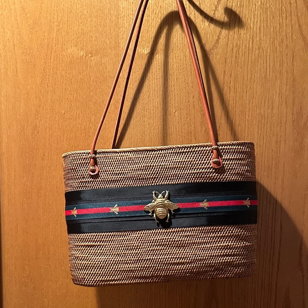 Elegant Tan Woven Tote with Gold Bee Detail - Picture 1 of 6